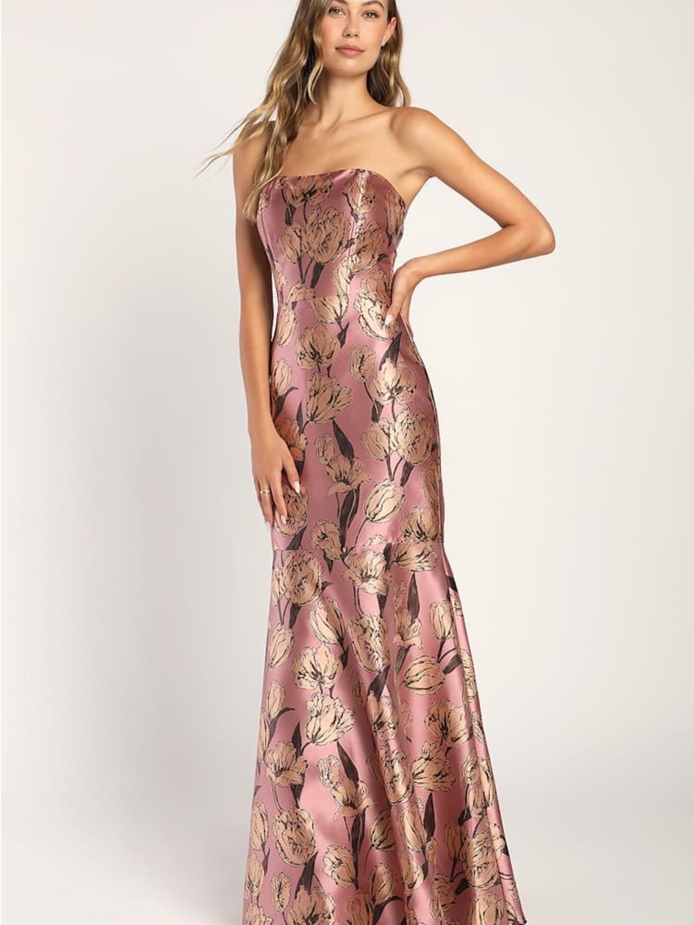 Lulu's Rose Gold Floral Strapless Satin Gown